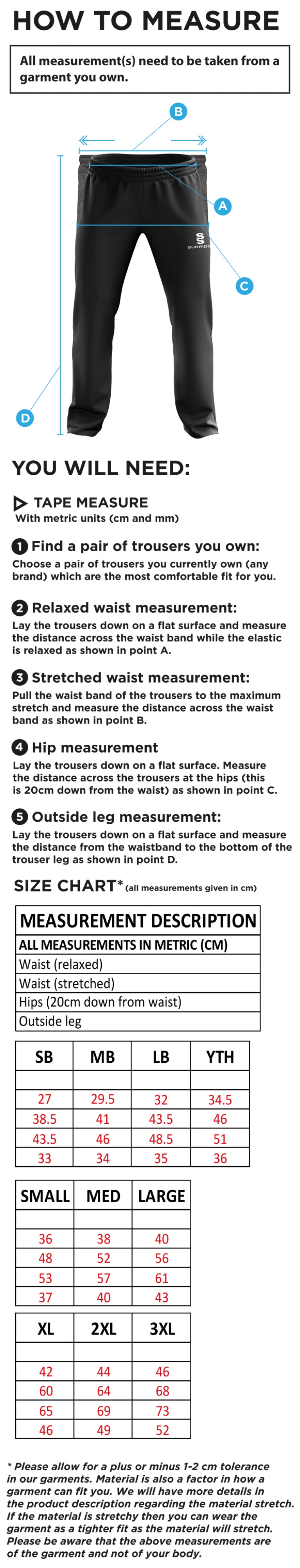 Flintham CC - Ripstop Track Pant - Size Guide