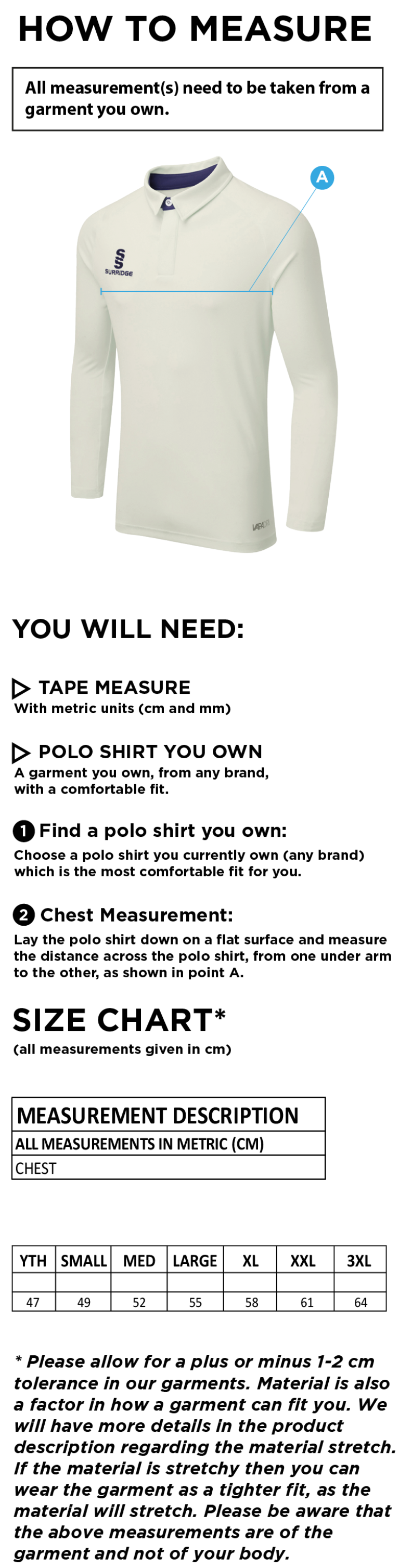 Flintham CC - Ergo Long Sleeve Playing Shirt - Size Guide