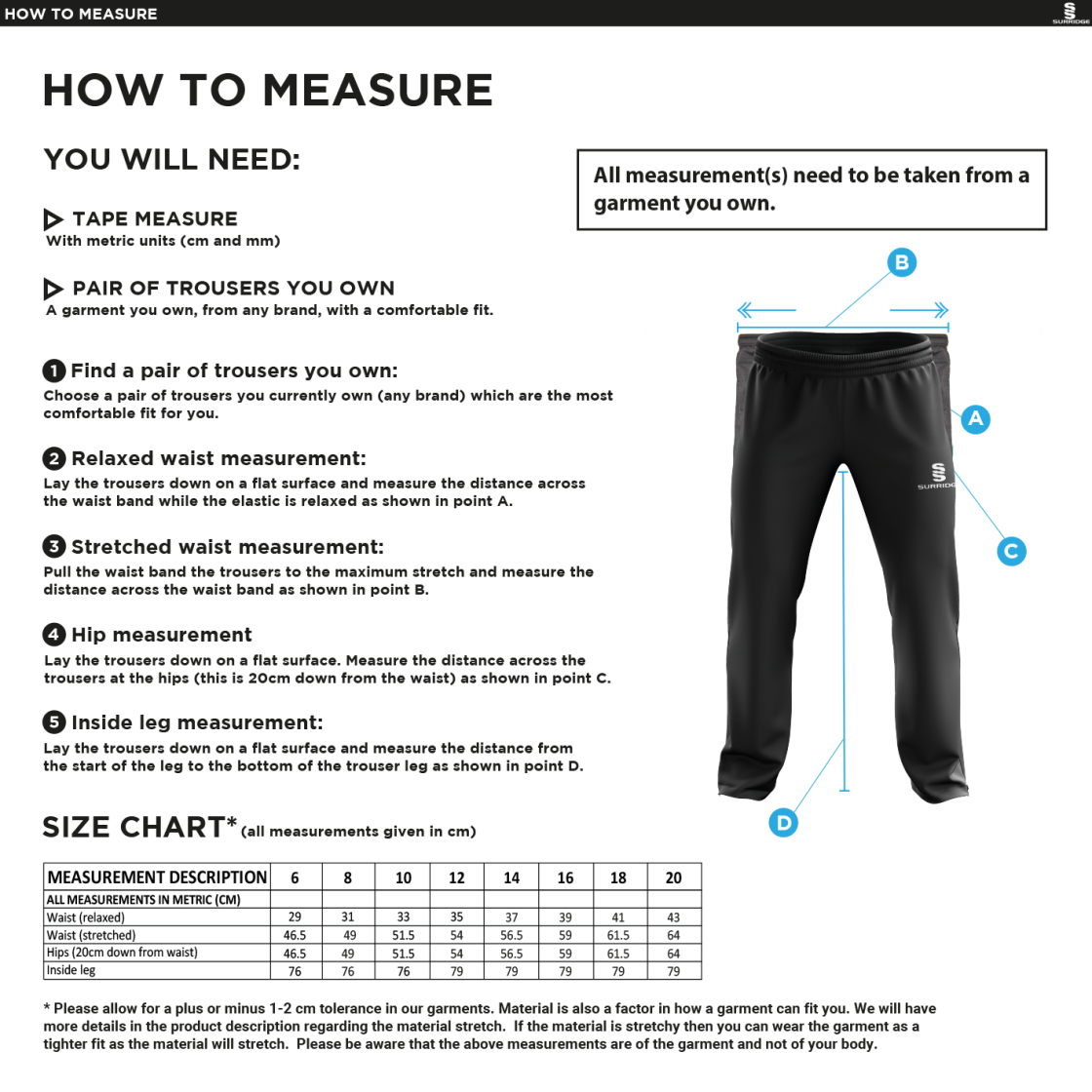 Flintham CC - Women's Poplin Track Pant - Size Guide