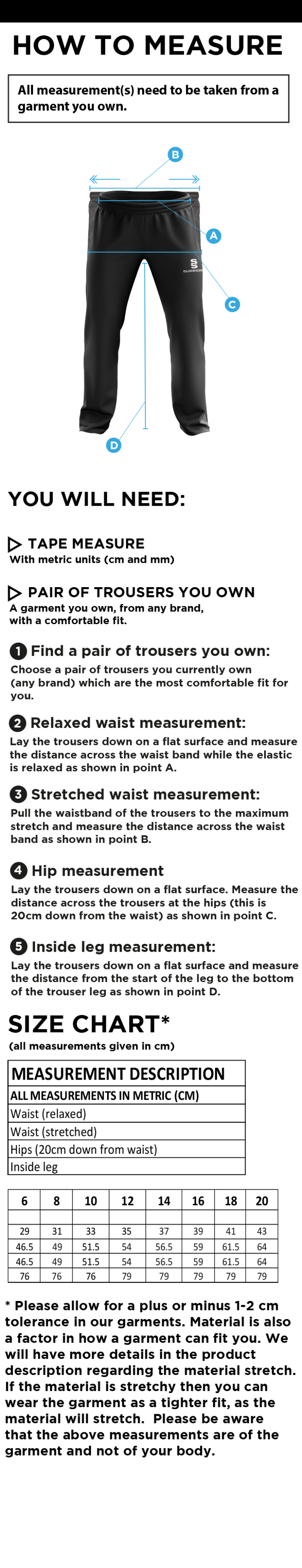 Flintham CC - Women's Ripstop Track Pant - Size Guide