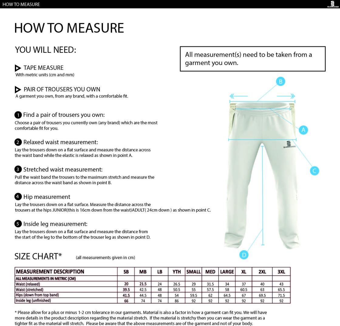 Flintham CC - Standard Fit Cricket Trousers - Size Guide