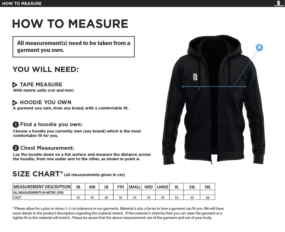 Flintham CC - Dual Bonded Full Zip Hoody - Size Guide