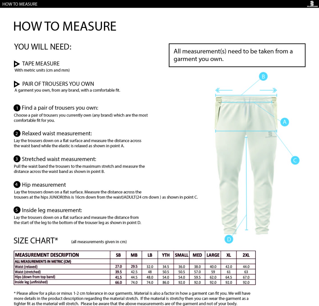 Flintham CC - Coloured Cricket Trousers - Size Guide