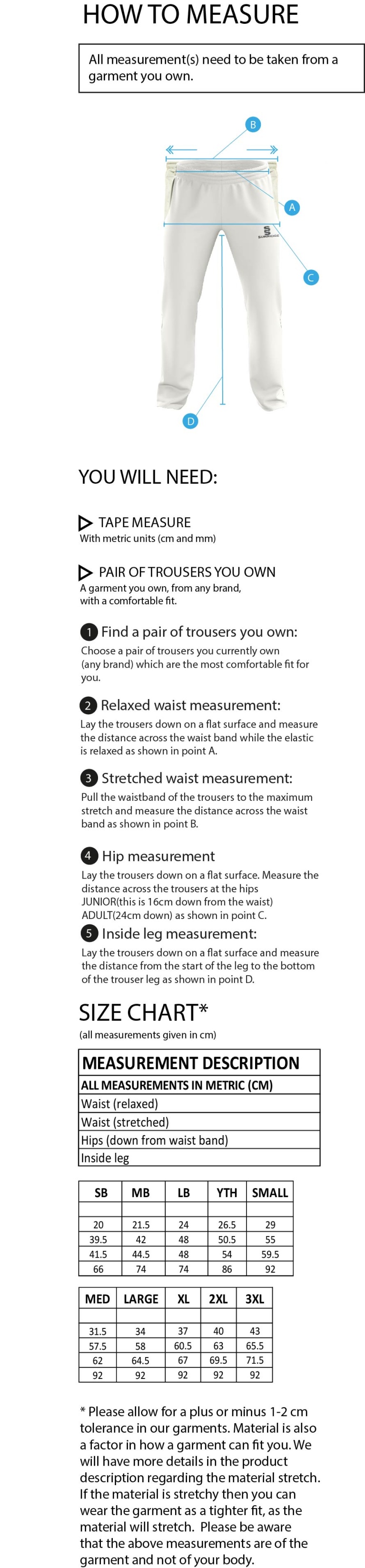Flintham CC - Standard Fit Cricket Trousers - Size Guide