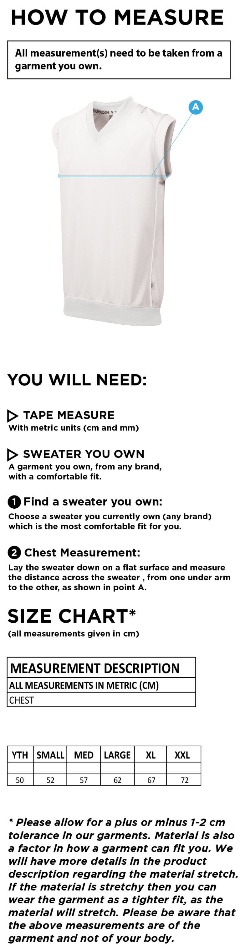 Flintham CC - Curve Sleeveless Sweater - Size Guide