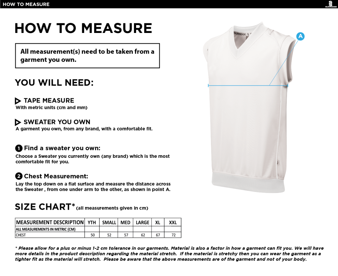 Flintham CC - Curve Sleeveless Sweater - Size Guide