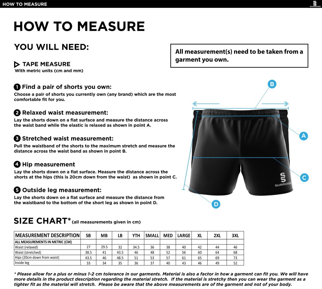 Flintham CC - Dual Gym Shorts - Size Guide