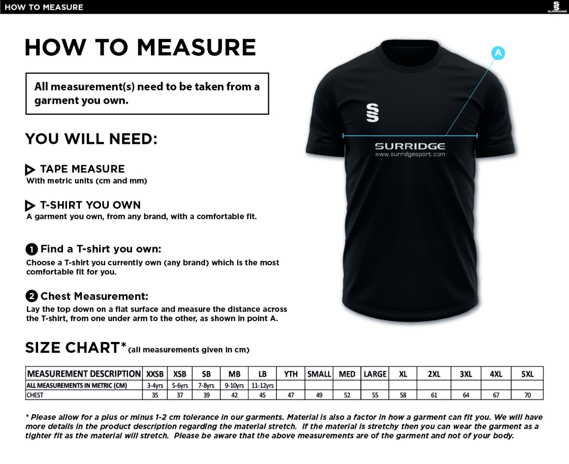 Flintham CC - Dual Games Training Shirt - Size Guide
