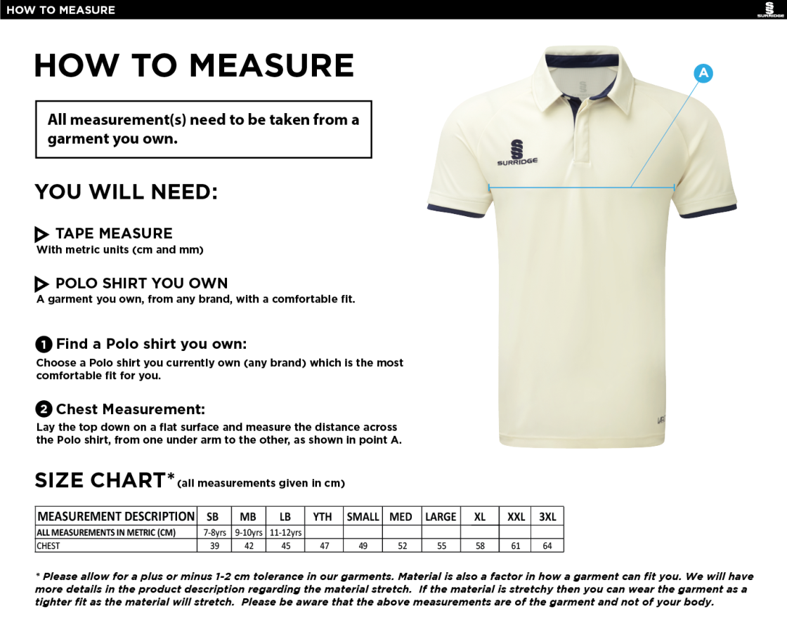Flintham CC - Ergo Short Sleeve Playing Shirt - Size Guide