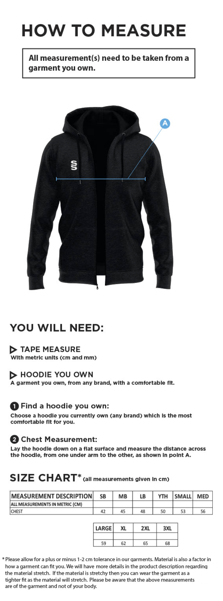 Flintham CC - Dual Bonded Full Zip Hoody - Size Guide