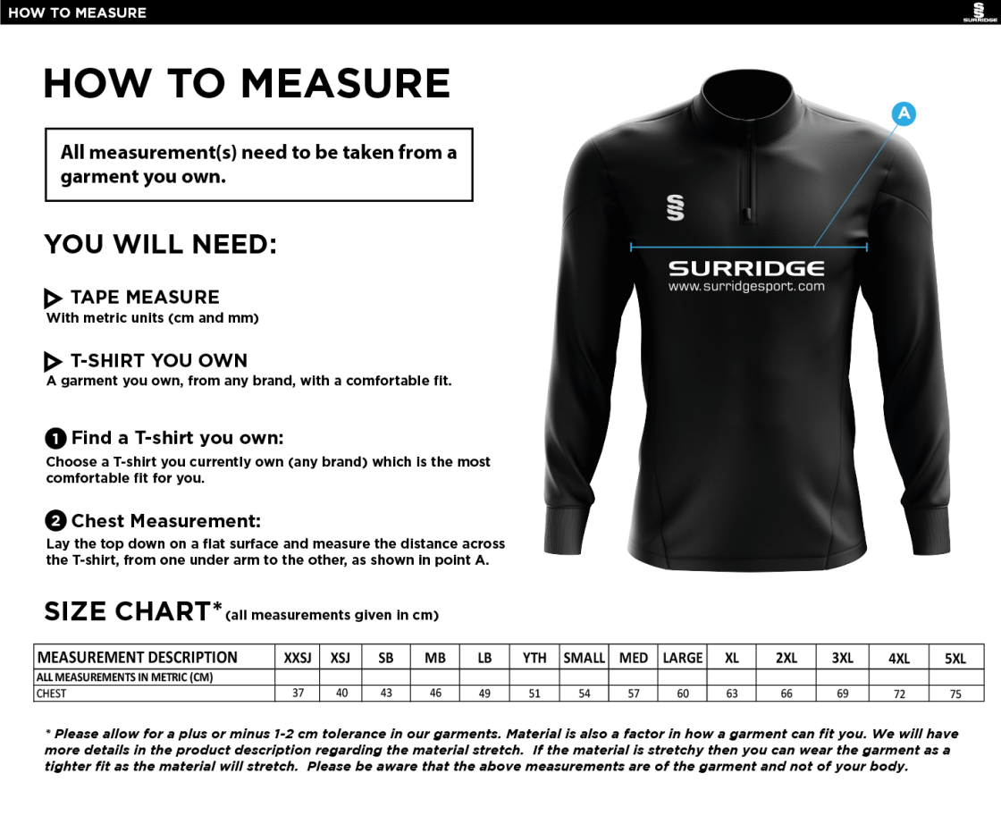 Flintham CC - Dual Performance 1/4 Zip Top - Size Guide