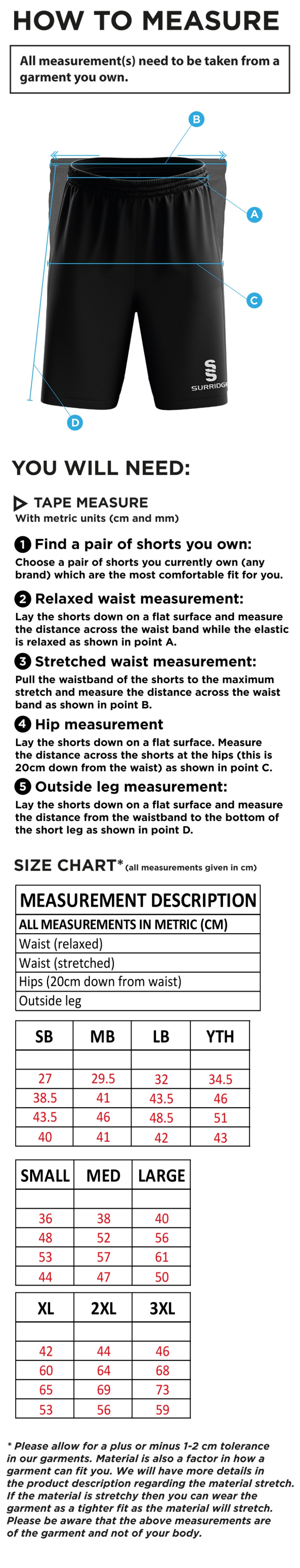 Flintham CC - Ripstop Leisure Shorts - Size Guide