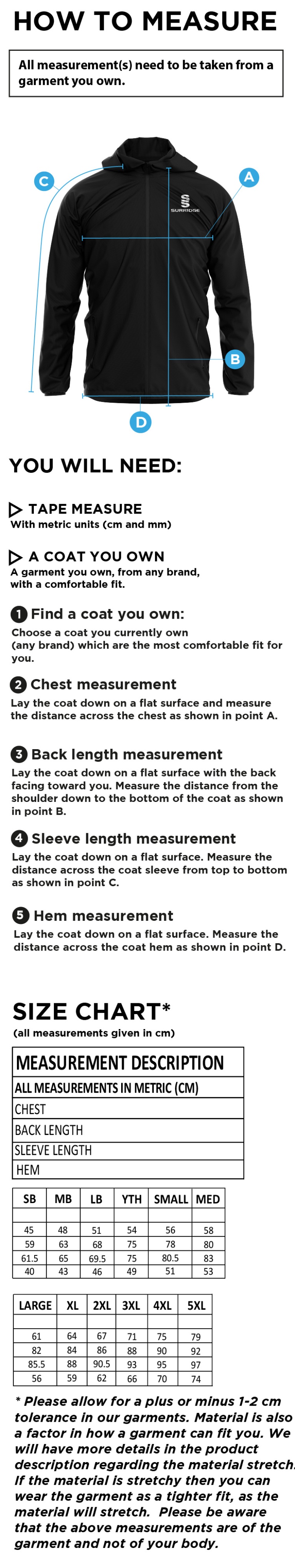 Flintham CC - Lightweight Full Zip Training Jacket - Size Guide