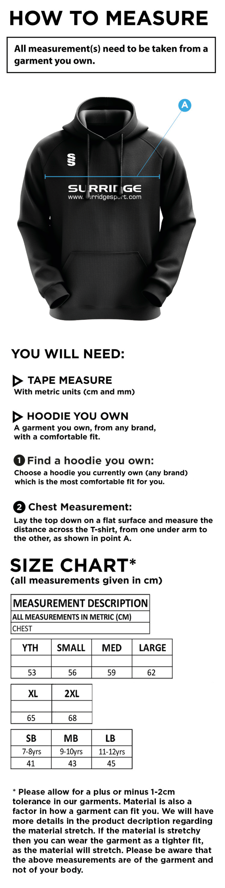 Flintham CC - Blade Hoody - Size Guide