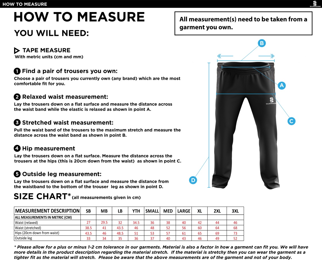 Flintham CC - Ripstop Track Pant - Size Guide