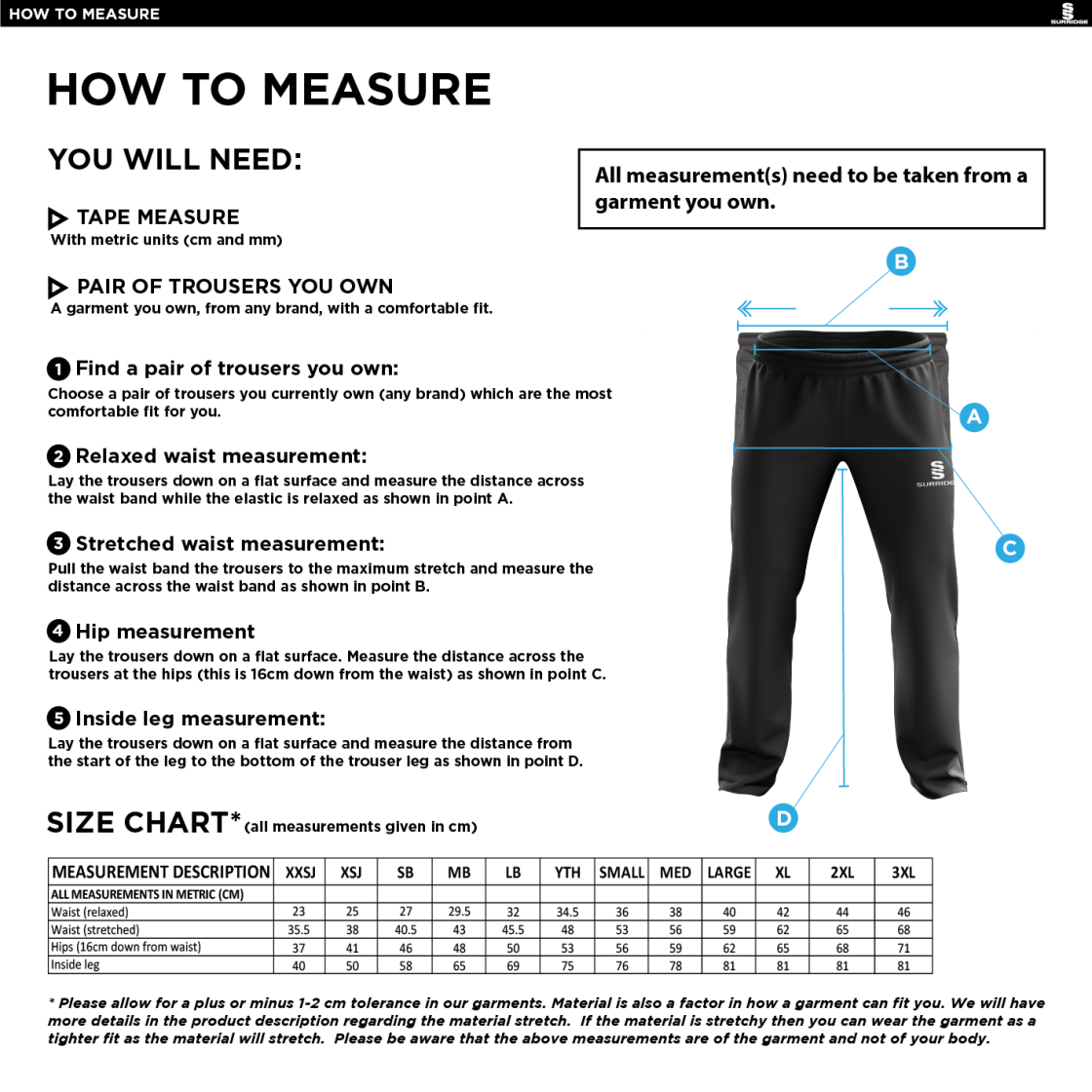 Flintham CC - Poplin Track Pant - Size Guide