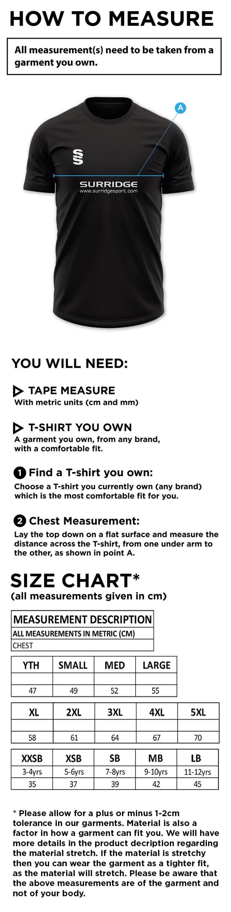 Flintham CC - Blade Training T-shirt - Size Guide
