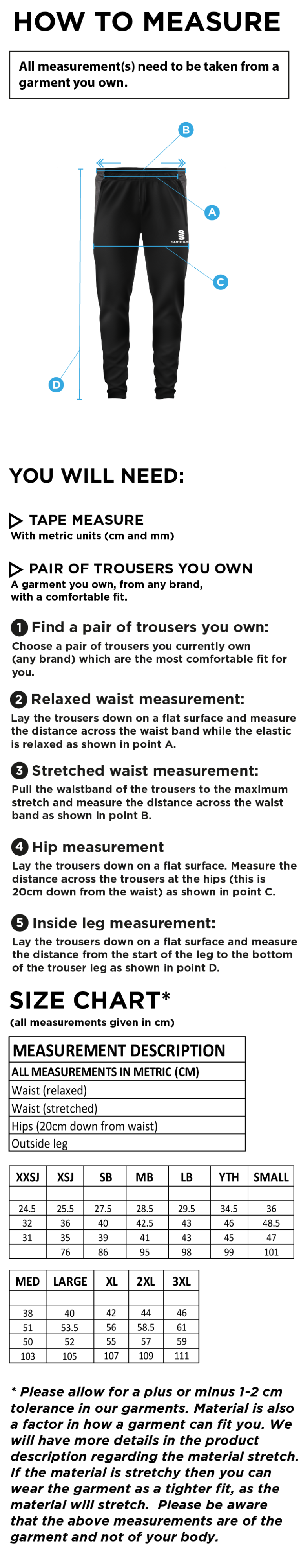 Flintham CC - Slim Training Pants - Size Guide