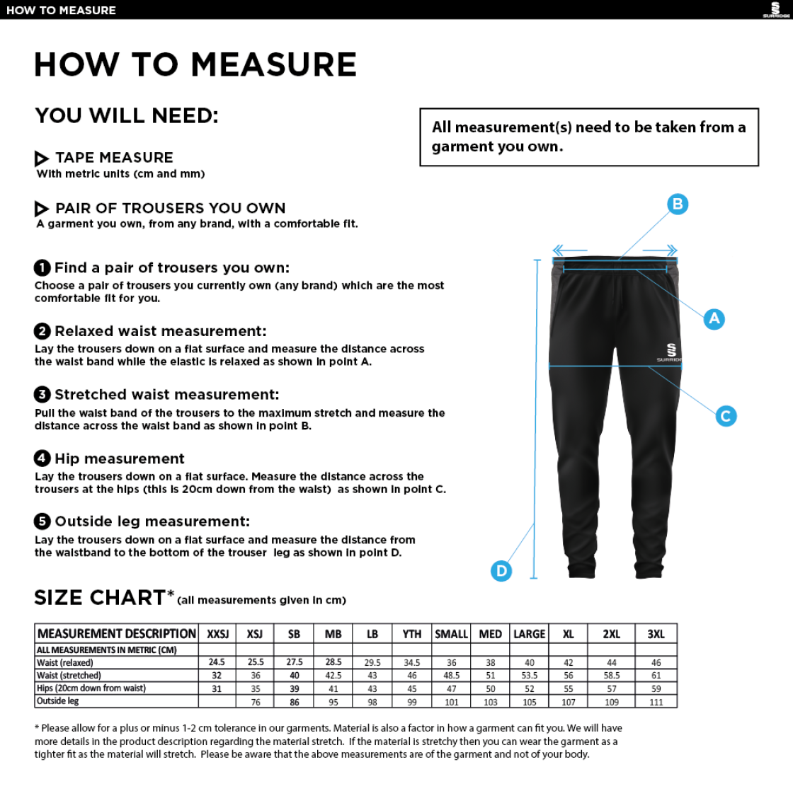 Flintham CC - Slim Training Pants - Size Guide