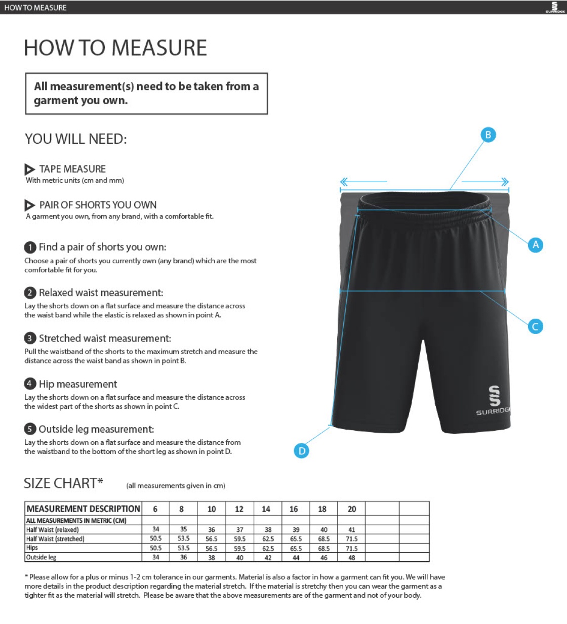 Flintham CC - Women's Ripstop Leisure Shorts - Size Guide