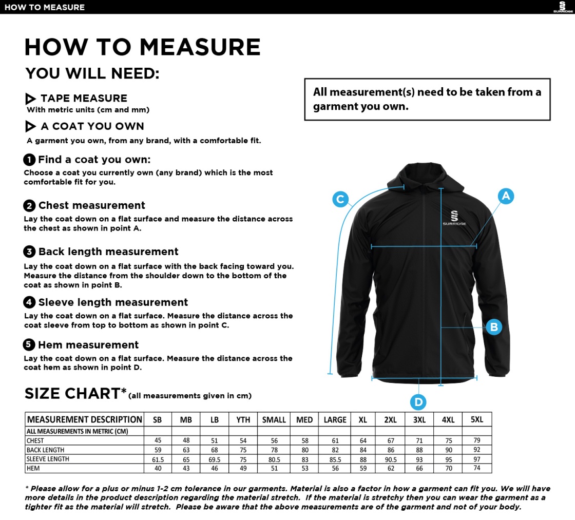 Flintham CC - Lightweight Full Zip Training Jacket - Size Guide