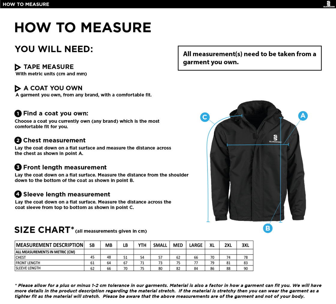 Flintham CC - Fleeced Line Jacket - Size Guide