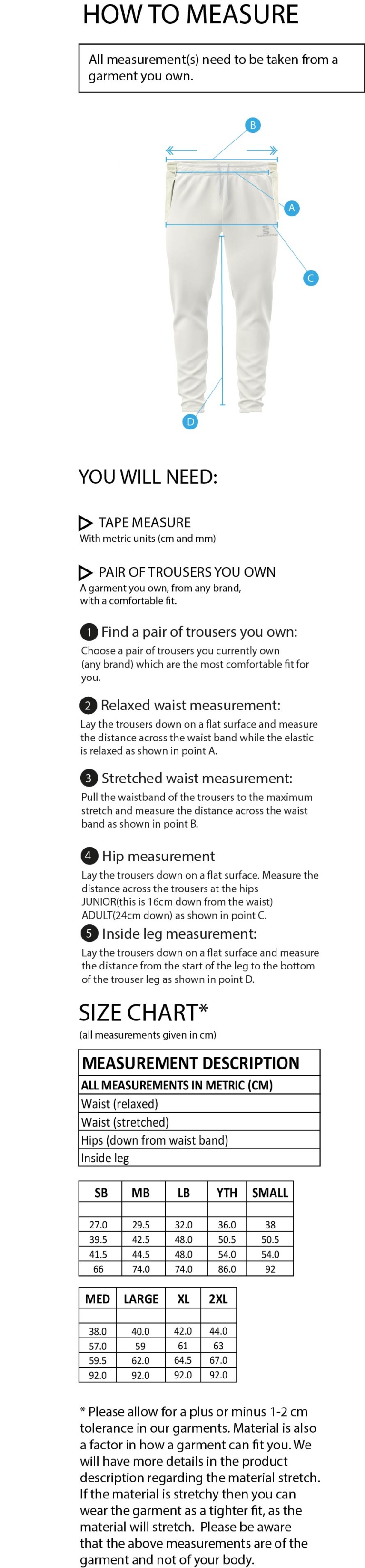 Flintham CC - Tapered Fit Cricket Trousers - Size Guide