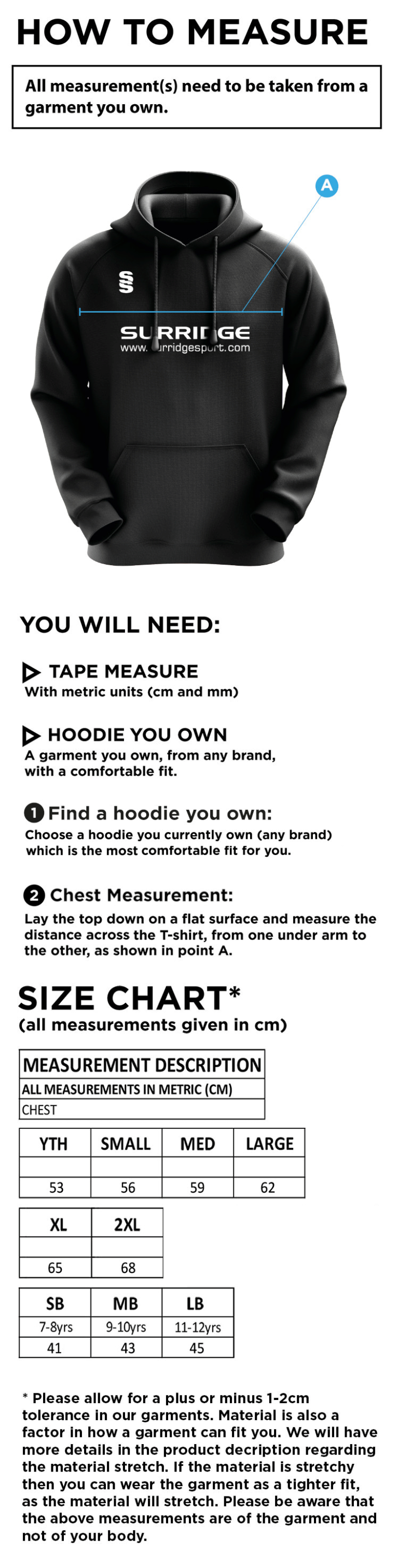 Flintham CC - Blade Hoody - Size Guide