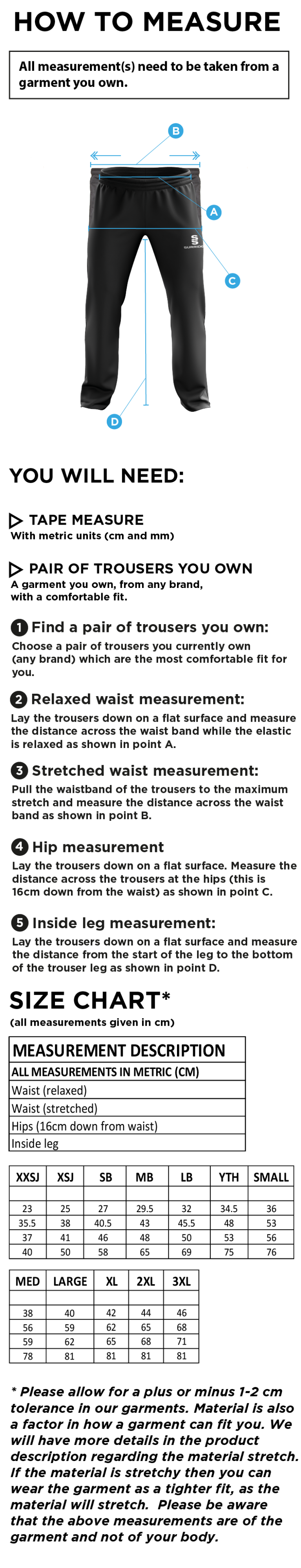 Flintham CC - Poplin Track Pant - Size Guide