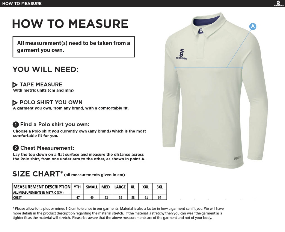 Flintham CC - Ergo Long Sleeve Playing Shirt - Size Guide
