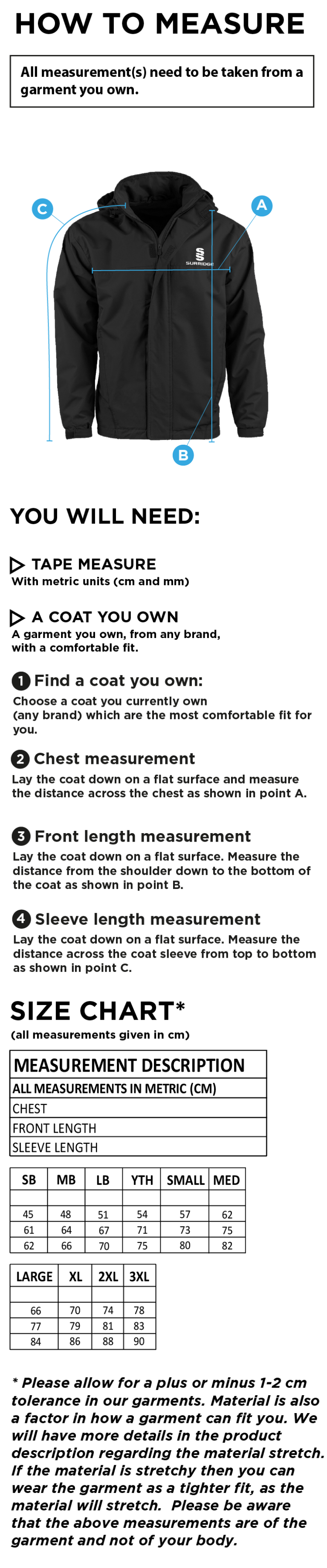 Flintham CC - Fleeced Line Jacket - Size Guide